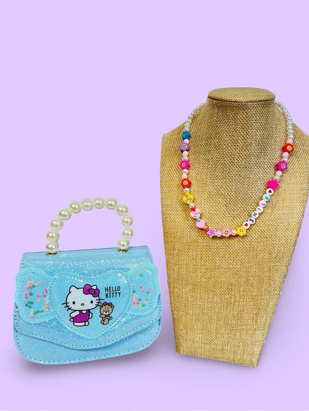 Hello Kitty Light Blue Sparkle Kids Purse Pearl Handle & Beaded kids necklace